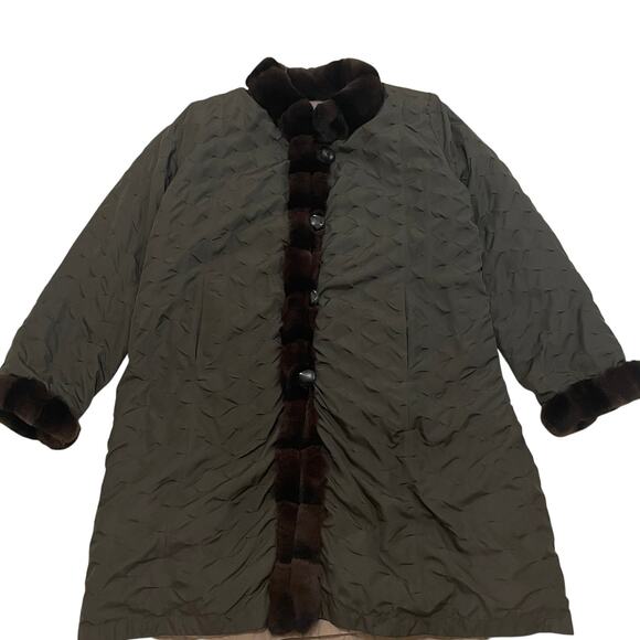 Reversible Rex Genuine Rabbit Fur Trim Coat XL | Chocolate Quilted & Taupe Nylon - Picture 13 of 13